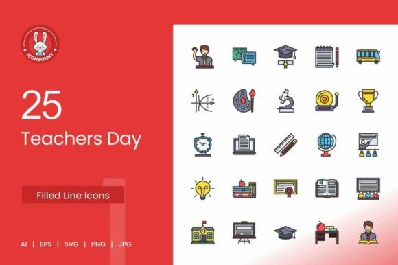 25 Teachers Day Filled Line Icons for Small Business Branding