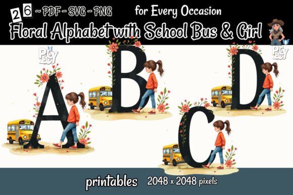 Floral Alphabet with School Bus Girl: A Versatile Graphic for Creative Sellers