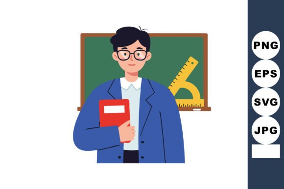 Male Teacher Holding Red Book in Front of Chalkboard