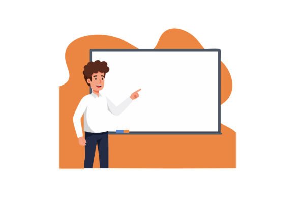 Male Teacher Pointing at Blank Whiteboard – A Strong Graphic Design Asset for Modern Branding