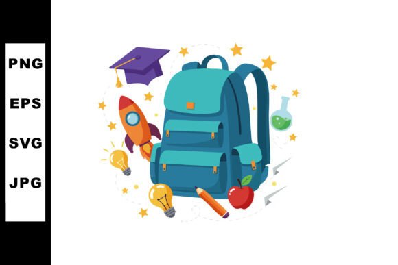 School Backpack with Rocket Pencil Apple: A Cheerful Graphic for Content Creators