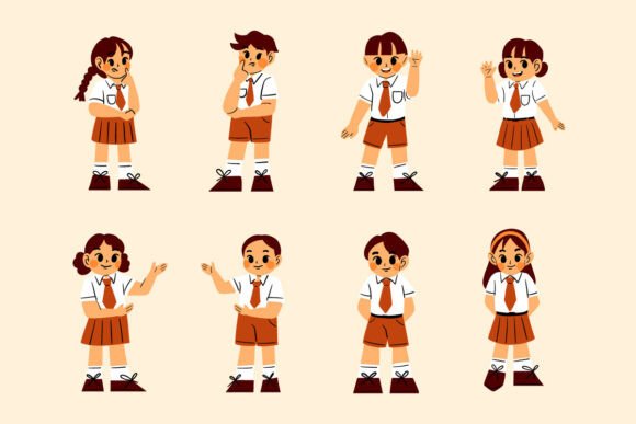 School Children in Uniform Illustration Set for Digital Sellers